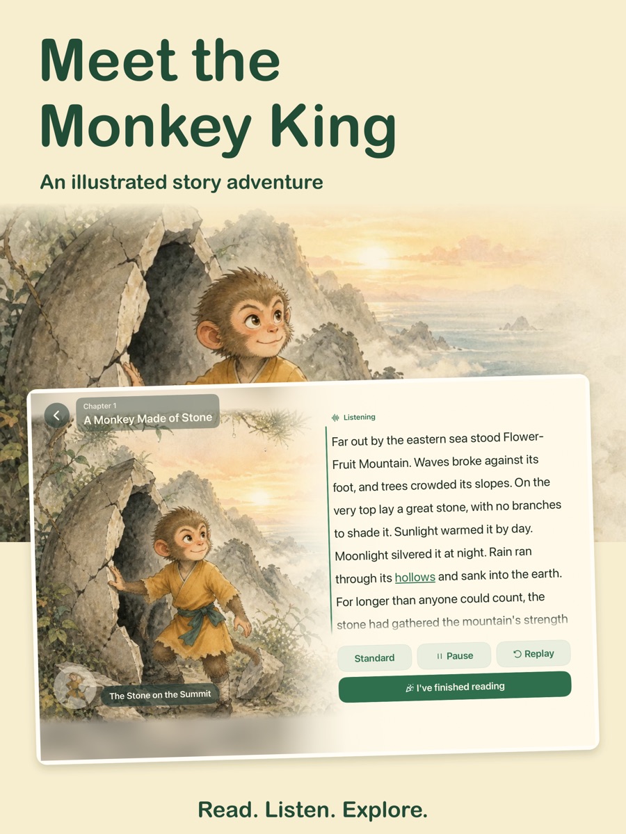 Official Monkey King Storybook App Store image showing illustrated stories and narration