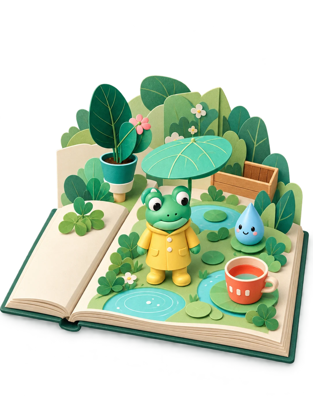 Paper Adventures illustration: a little frog, a leaf umbrella, and raindrop friends unfolding from a book